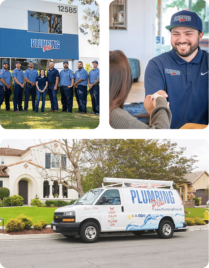 The Plumbing Plus team outside the office, a technician greeting a customer, and a service van parked at a San Diego home