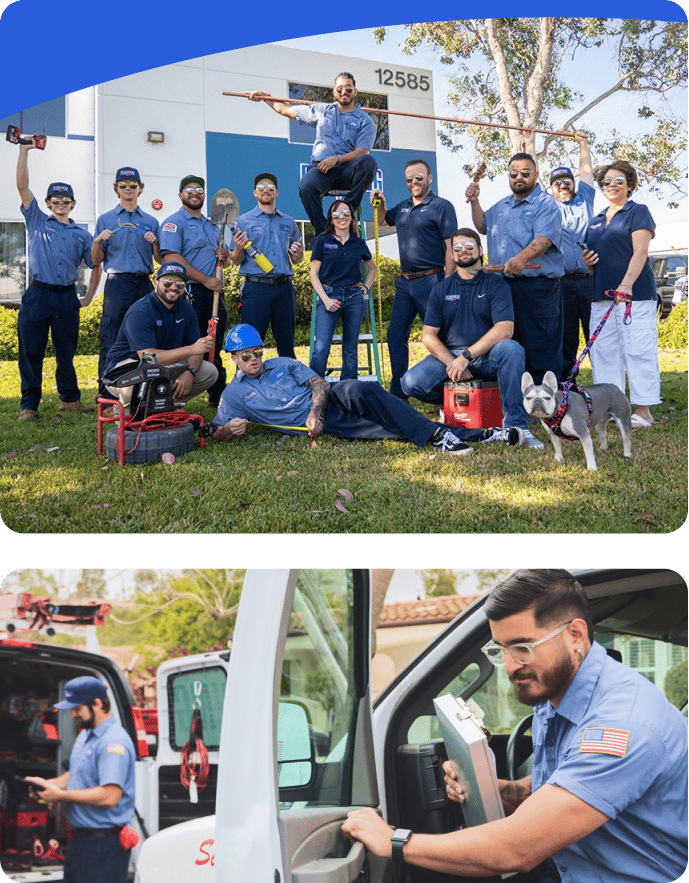 The Plumbing Plus team posing with tools and a technician at his service truck