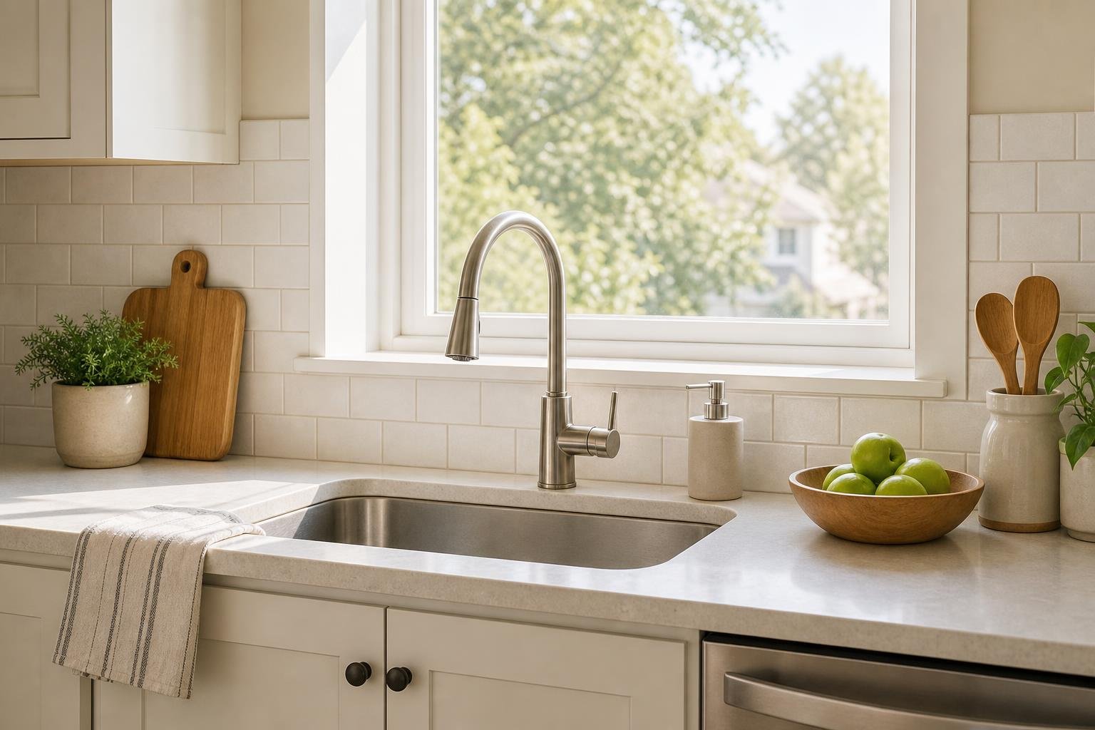 A bright, modern kitchen sink area beneath a window with a faucet, countertop items, and no people visible.