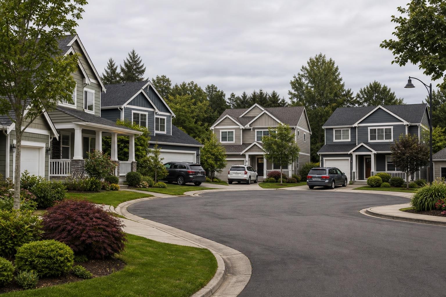 A quiet suburban cul-de-sac with several detached houses, parked cars, and landscaped front yards under an overcast sky.